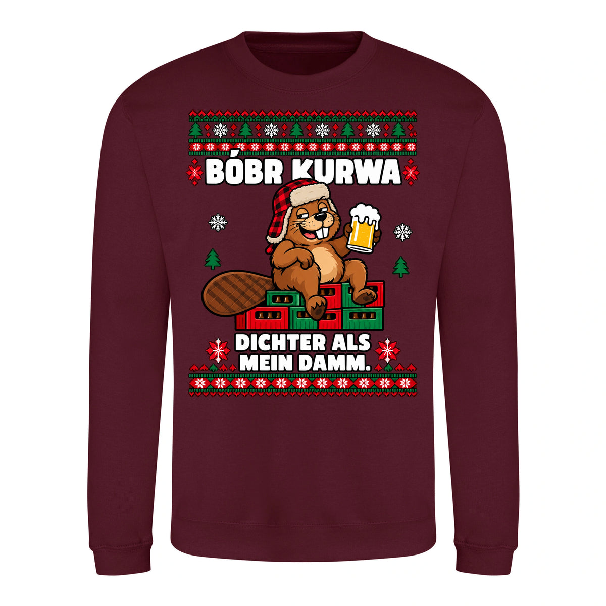 Bóbr Kurwa – Dichter als mein Damm – Christmas Sweater Unisex in Burgundy – Vorderansicht, großer Frontdruck