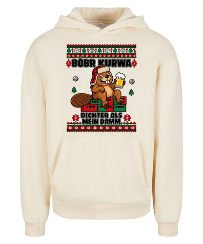 Bóbr Kurwa – Dichter als mein Damm – Christmas Hoodie Unisex in White Sand – Vorderansicht, großer Frontdruck