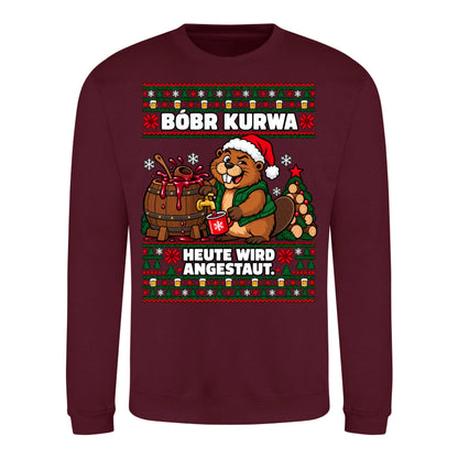 Bóbr Kurwa – Heute wird angestaut – Christmas Sweater Unisex in Burgundy – Vorderansicht, großer Frontdruck