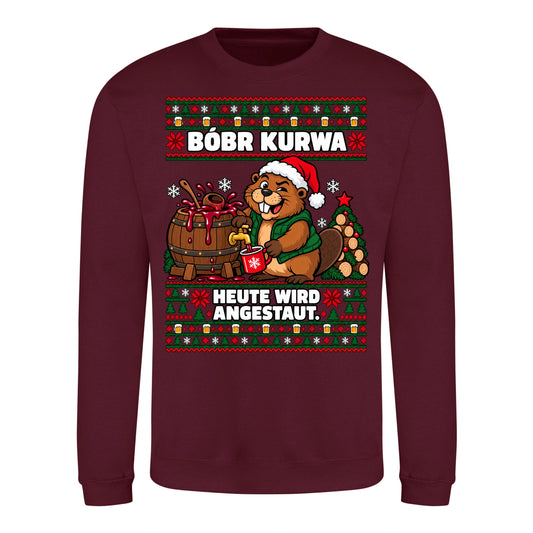 Bóbr Kurwa – Heute wird angestaut – Christmas Sweater Unisex in Burgundy – Vorderansicht, großer Frontdruck