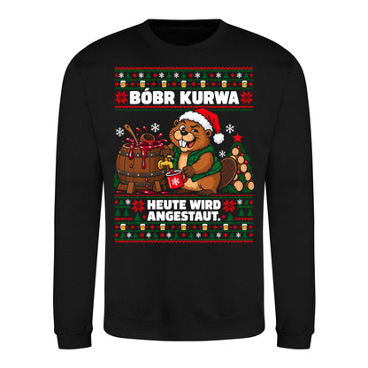 Bóbr Kurwa – Heute wird angestaut – Christmas Sweater Unisex in Deep Black – Vorderansicht, großer Frontdruck