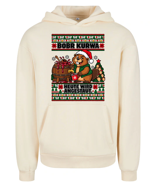 Bóbr Kurwa – Heute wird angestaut – Christmas Hoodie Unisex in White Sand – Vorderansicht, großer Frontdruck