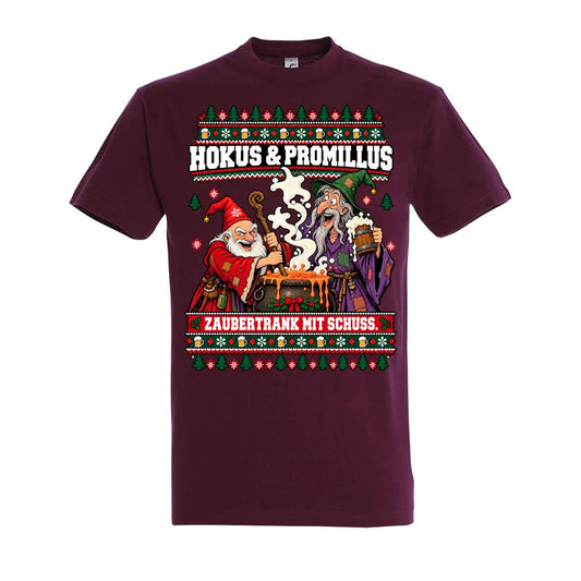 Hokus & Promillus – T-Shirt Unisex in Burgundy – Vorderansicht, großer Frontdruck