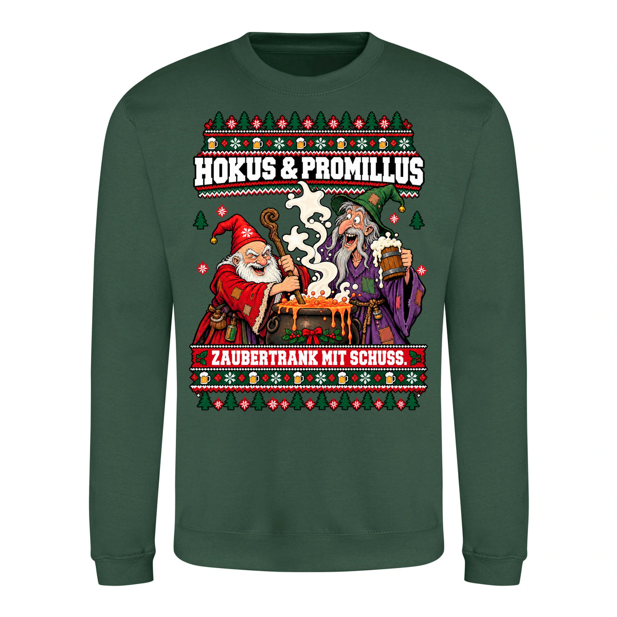 Hokus & Promillus – Christmas Sweater Unisex in Bottle Green – Vorderansicht, großer Frontdruck