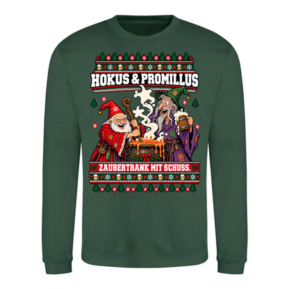 Hokus & Promillus – Christmas Sweater Unisex in Bottle Green – Vorderansicht, großer Frontdruck