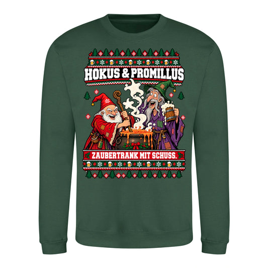 Hokus & Promillus – Christmas Sweater Unisex in Bottle Green – Vorderansicht, großer Frontdruck