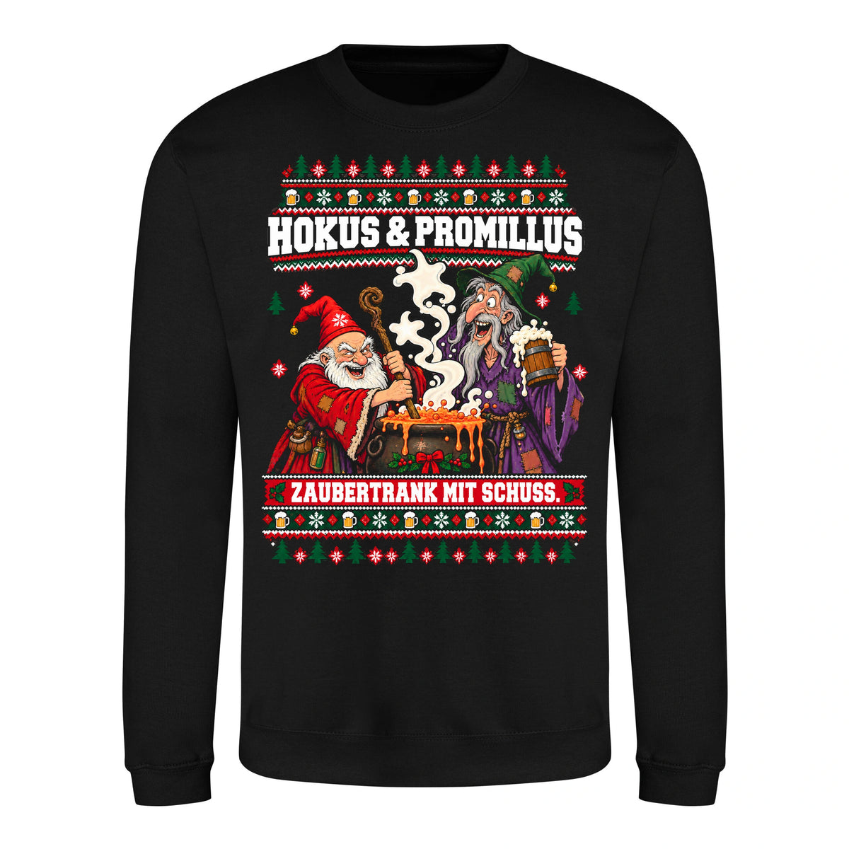 Hokus & Promillus – Christmas Sweater Unisex in Deep Black – Vorderansicht, großer Frontdruck