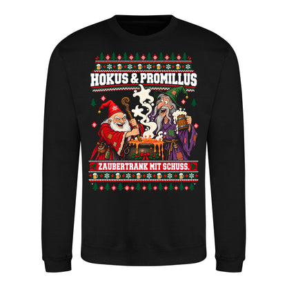Hokus & Promillus – Christmas Sweater Unisex in Deep Black – Vorderansicht, großer Frontdruck