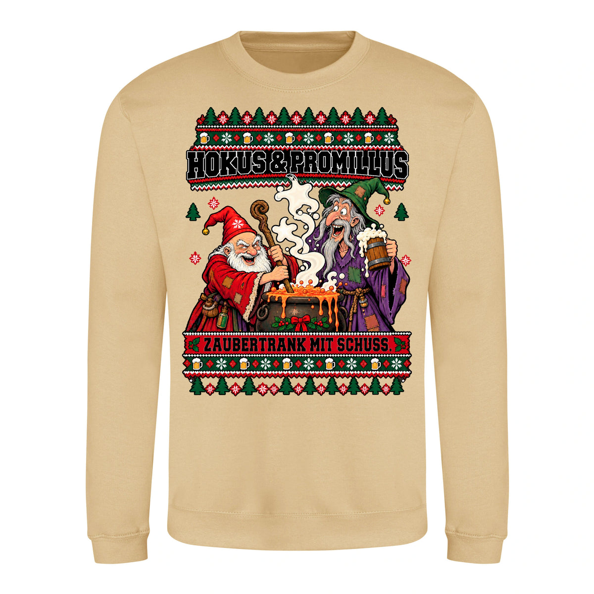 Hokus & Promillus – Christmas Sweater Unisex in Desert Sand – Vorderansicht, großer Frontdruck