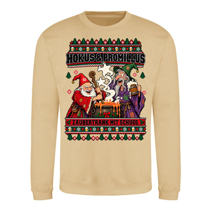 Hokus & Promillus – Christmas Sweater Unisex in Desert Sand – Vorderansicht, großer Frontdruck