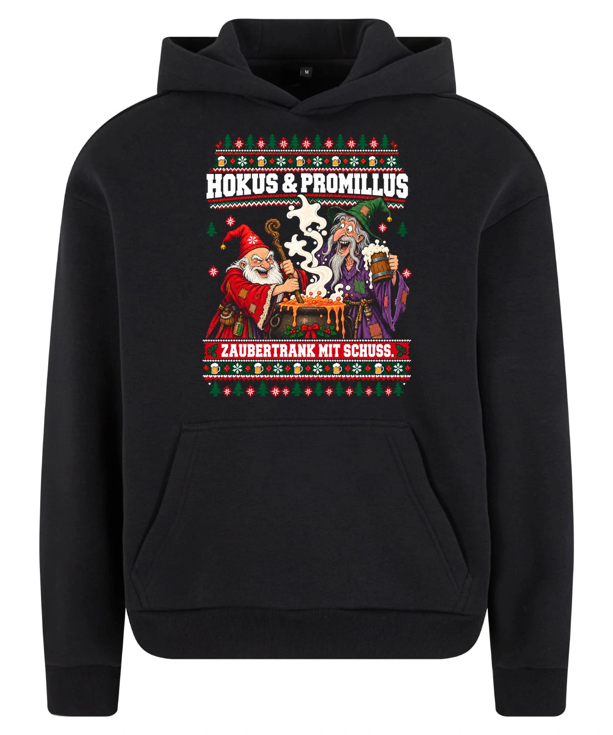 Hokus & Promillus – Christmas Hoodie Unisex in Black – Vorderansicht, großer Frontdruck