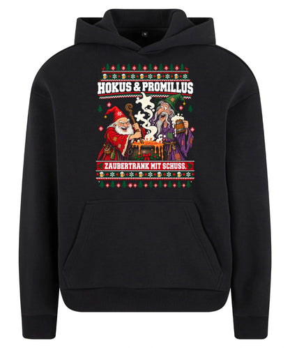Hokus & Promillus – Christmas Hoodie Unisex in Black – Vorderansicht, großer Frontdruck
