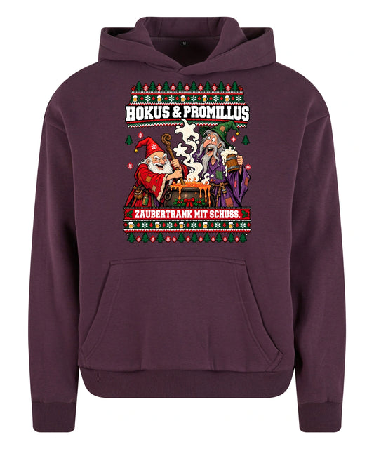 Hokus & Promillus – Christmas Hoodie Unisex in Plum Purple – Vorderansicht, großer Frontdruck