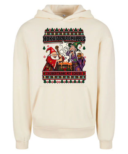 Hokus & Promillus – Christmas Hoodie Unisex in White Sand – Vorderansicht, großer Frontdruck