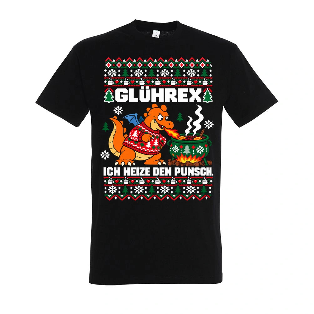 Glührex – T-Shirt Unisex in Deep Black – Vorderansicht, großer Frontdruck