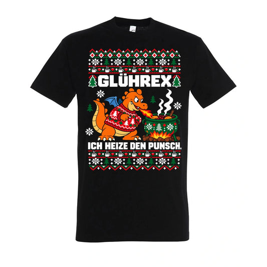 Glührex – T-Shirt Unisex in Deep Black – Vorderansicht, großer Frontdruck