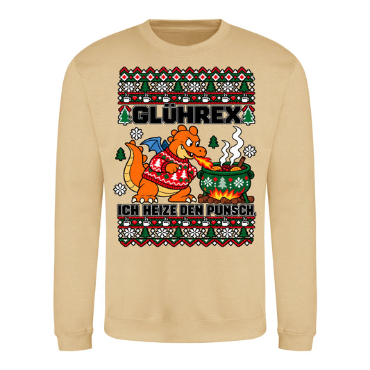 Glührex – Christmas Sweater Unisex in Desert Sand – Vorderansicht, großer Frontdruck