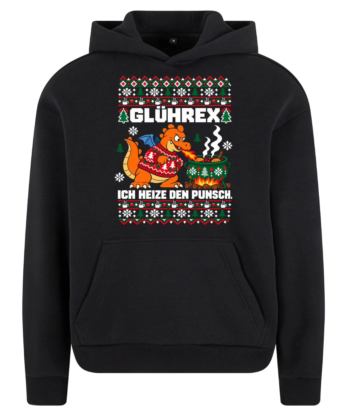 Glührex – Christmas Hoodie Unisex in Black – Vorderansicht, großer Frontdruck