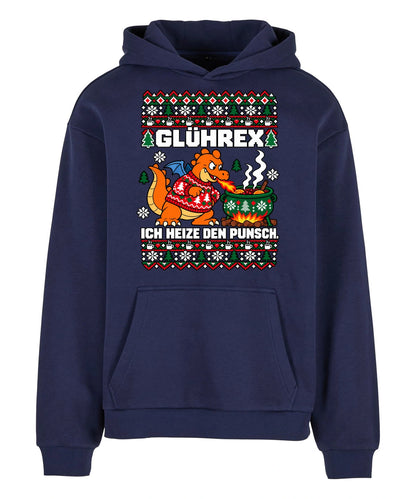 Glührex – Christmas Hoodie Unisex in Navy – Vorderansicht, großer Frontdruck