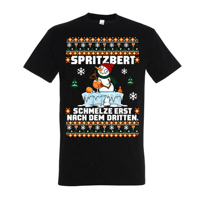 Spritzbert – T-Shirt Unisex in Deep Black – Vorderansicht, großer Frontdruck