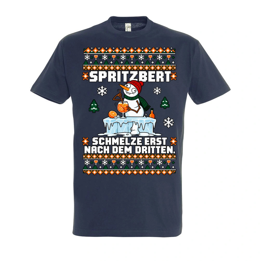 Spritzbert – T-Shirt Unisex in Navy – Vorderansicht, großer Frontdruck