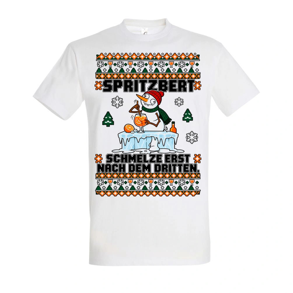Spritzbert – T-Shirt Unisex in White – Vorderansicht, großer Frontdruck