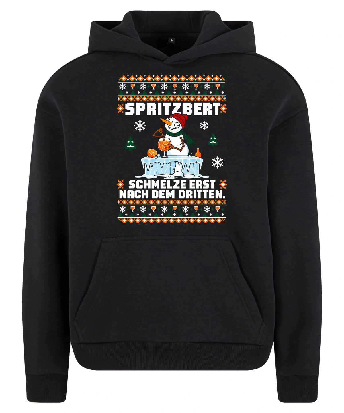 Spritzbert – Christmas Hoodie Unisex in Black – Vorderansicht, großer Frontdruck