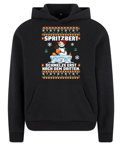 Spritzbert – Christmas Hoodie Unisex in Black – Vorderansicht, großer Frontdruck