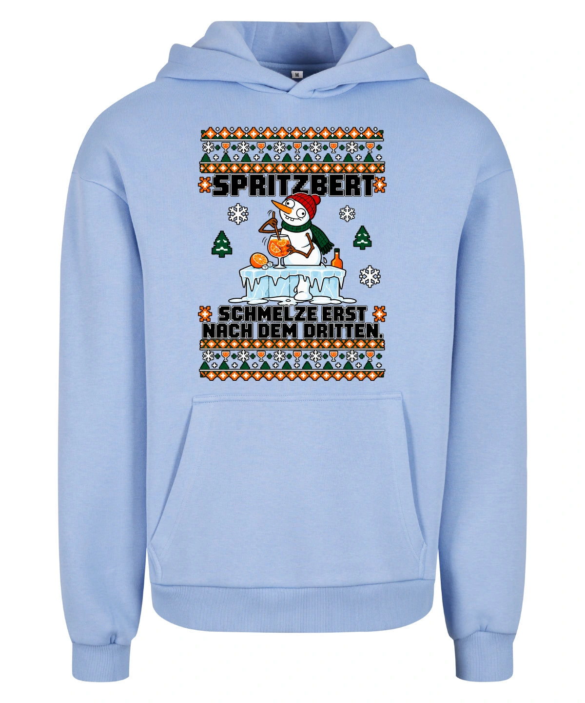 Spritzbert – Christmas Hoodie Unisex in Powder Blue – Vorderansicht, großer Frontdruck