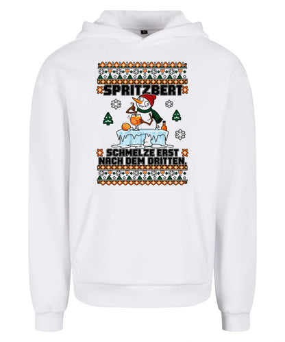 Spritzbert – Christmas Hoodie Unisex in White – Vorderansicht, großer Frontdruck
