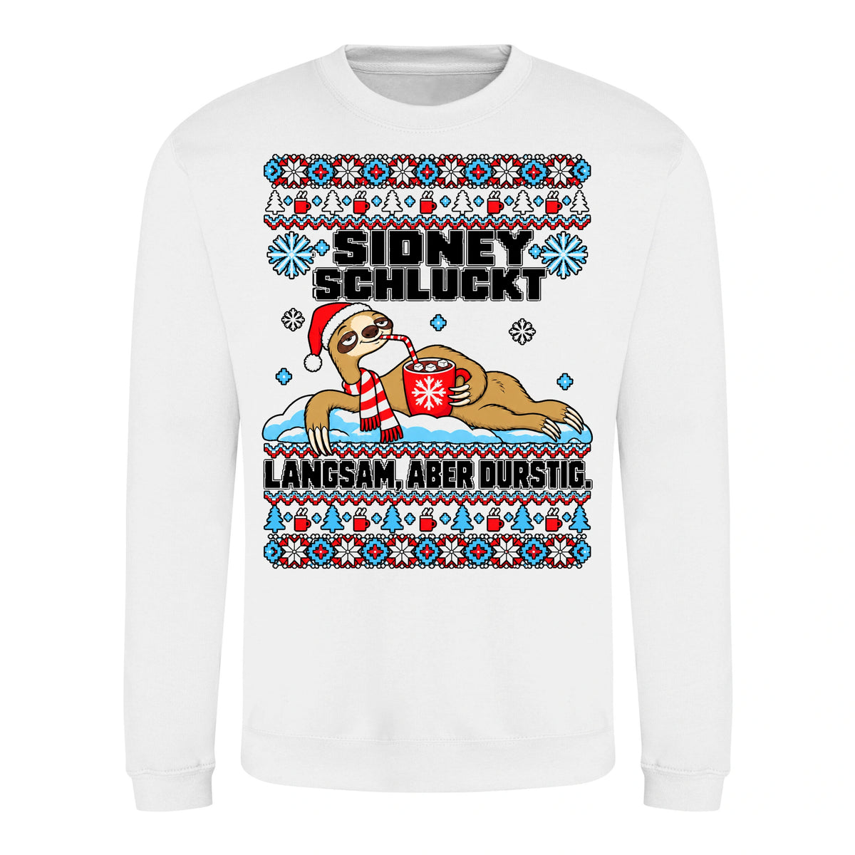 Sidney schluckt – Christmas Sweater Unisex in Arctic White – Vorderansicht, großer Frontdruck