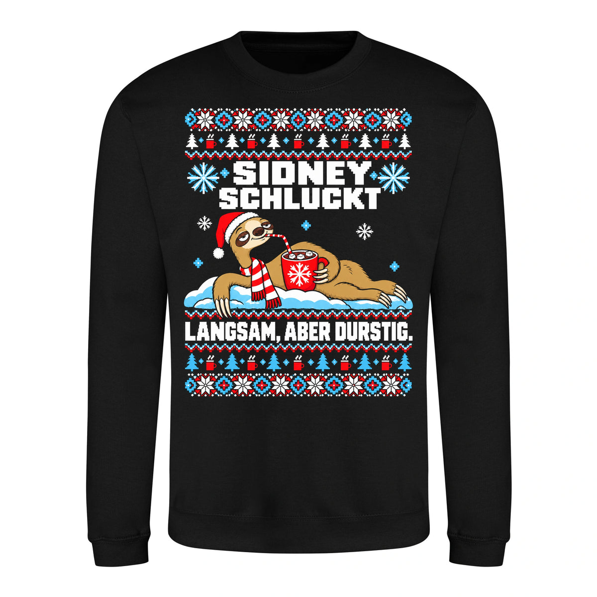 Sidney schluckt – Christmas Sweater Unisex in Deep Black – Vorderansicht, großer Frontdruck