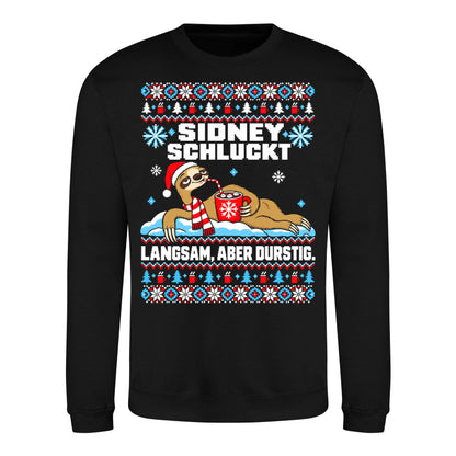 Sidney schluckt – Christmas Sweater Unisex in Deep Black – Vorderansicht, großer Frontdruck