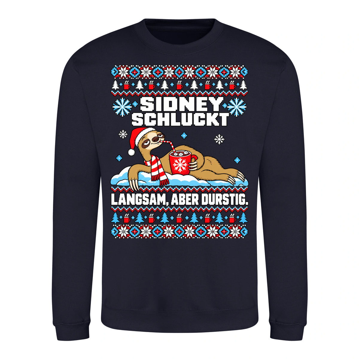 Sidney schluckt – Christmas Sweater Unisex in New French Navy – Vorderansicht, großer Frontdruck