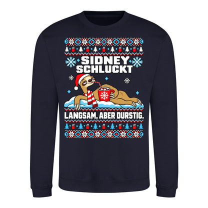 Sidney schluckt – Christmas Sweater Unisex in New French Navy – Vorderansicht, großer Frontdruck