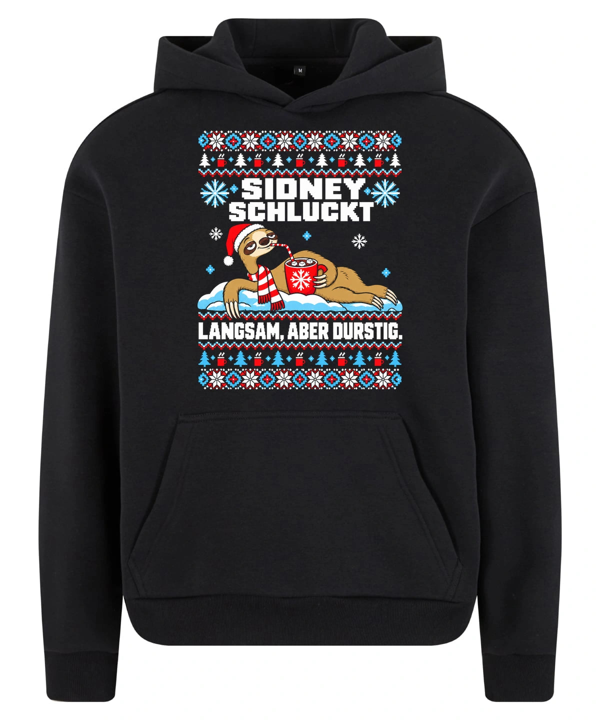 Sidney schluckt – Christmas Hoodie Unisex in Black – Vorderansicht, großer Frontdruck