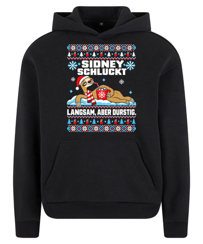 Sidney schluckt – Christmas Hoodie Unisex in Black – Vorderansicht, großer Frontdruck