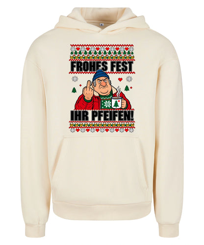 Frohes Fest, ihr Pfeifen! – Christmas Hoodie Unisex in White Sand – Vorderansicht, großer Frontdruck