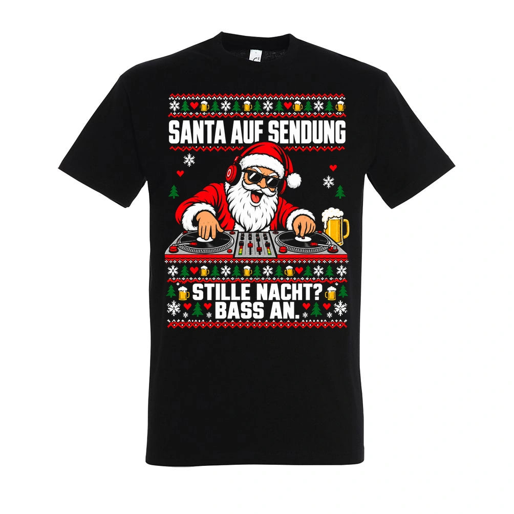 Santa auf Sendung – T-Shirt Unisex in Deep Black – Vorderansicht, großer Frontdruck