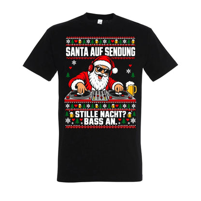 Santa auf Sendung – T-Shirt Unisex in Deep Black – Vorderansicht, großer Frontdruck