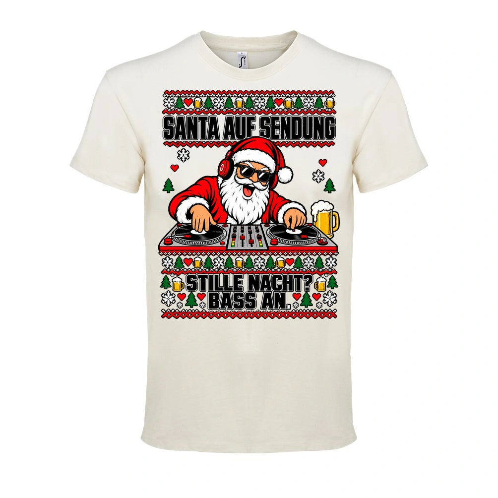 Santa auf Sendung – T-Shirt Unisex in Natural – Vorderansicht, großer Frontdruck