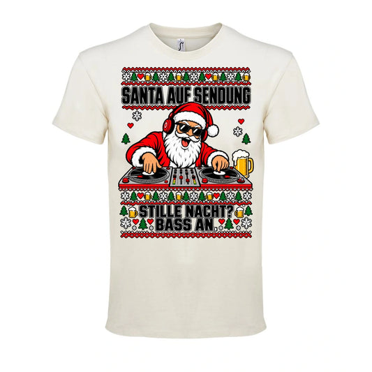 Santa auf Sendung – T-Shirt Unisex in Natural – Vorderansicht, großer Frontdruck