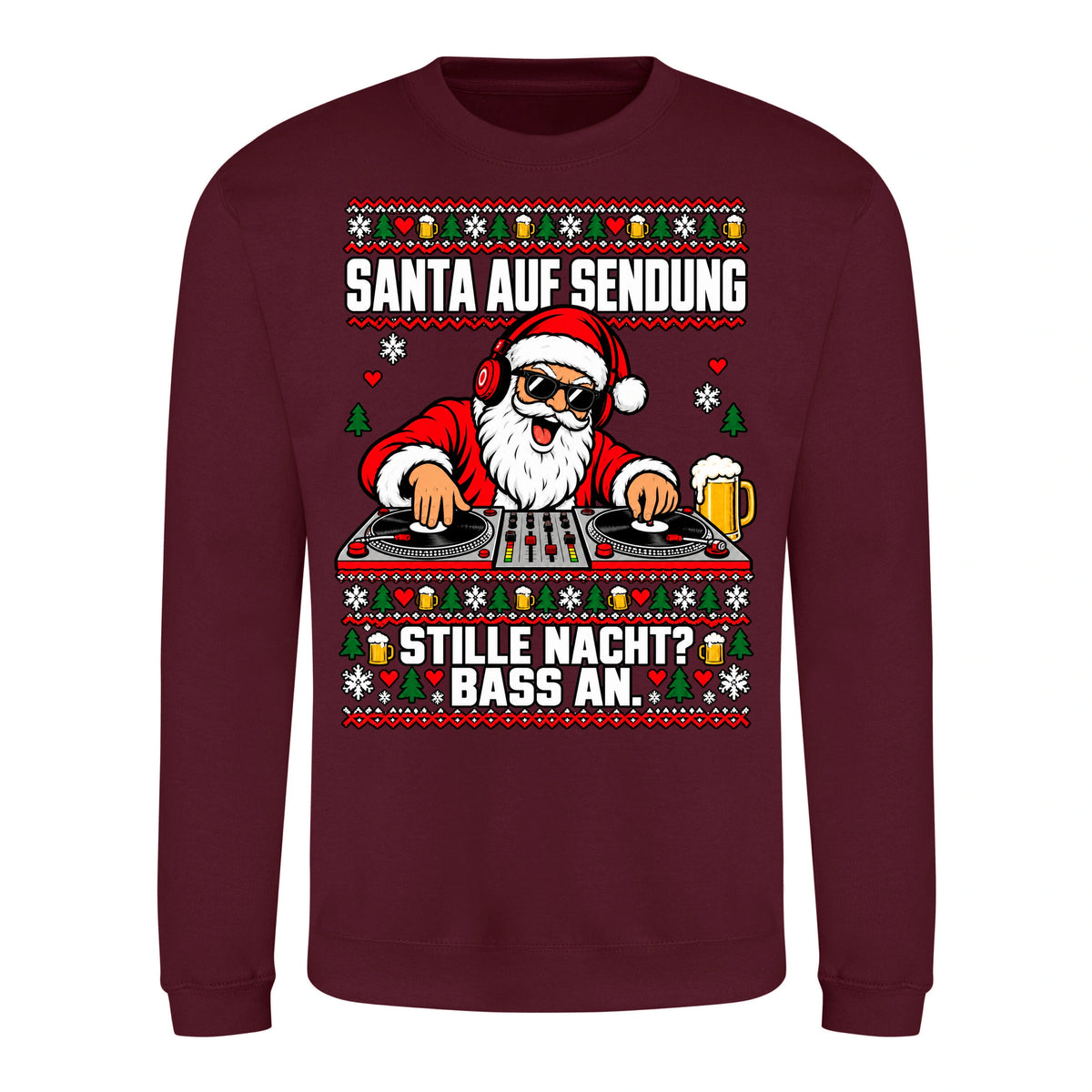 Santa auf Sendung – Christmas Sweater Unisex in Burgundy – Vorderansicht, großer Frontdruck