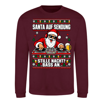 Santa auf Sendung – Christmas Sweater Unisex in Burgundy – Vorderansicht, großer Frontdruck