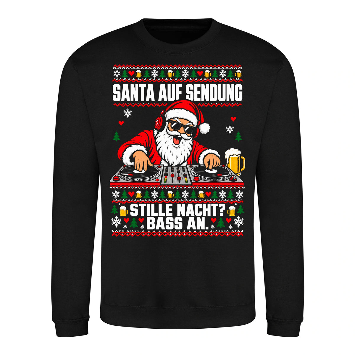 Santa auf Sendung – Christmas Sweater Unisex in Deep Black – Vorderansicht, großer Frontdruck