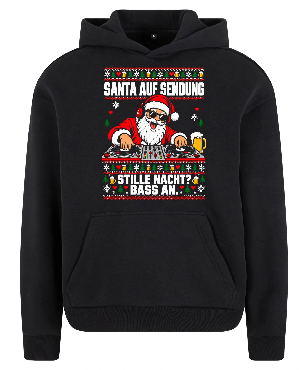 Santa auf Sendung – Christmas Hoodie Unisex in Black – Vorderansicht, großer Frontdruck