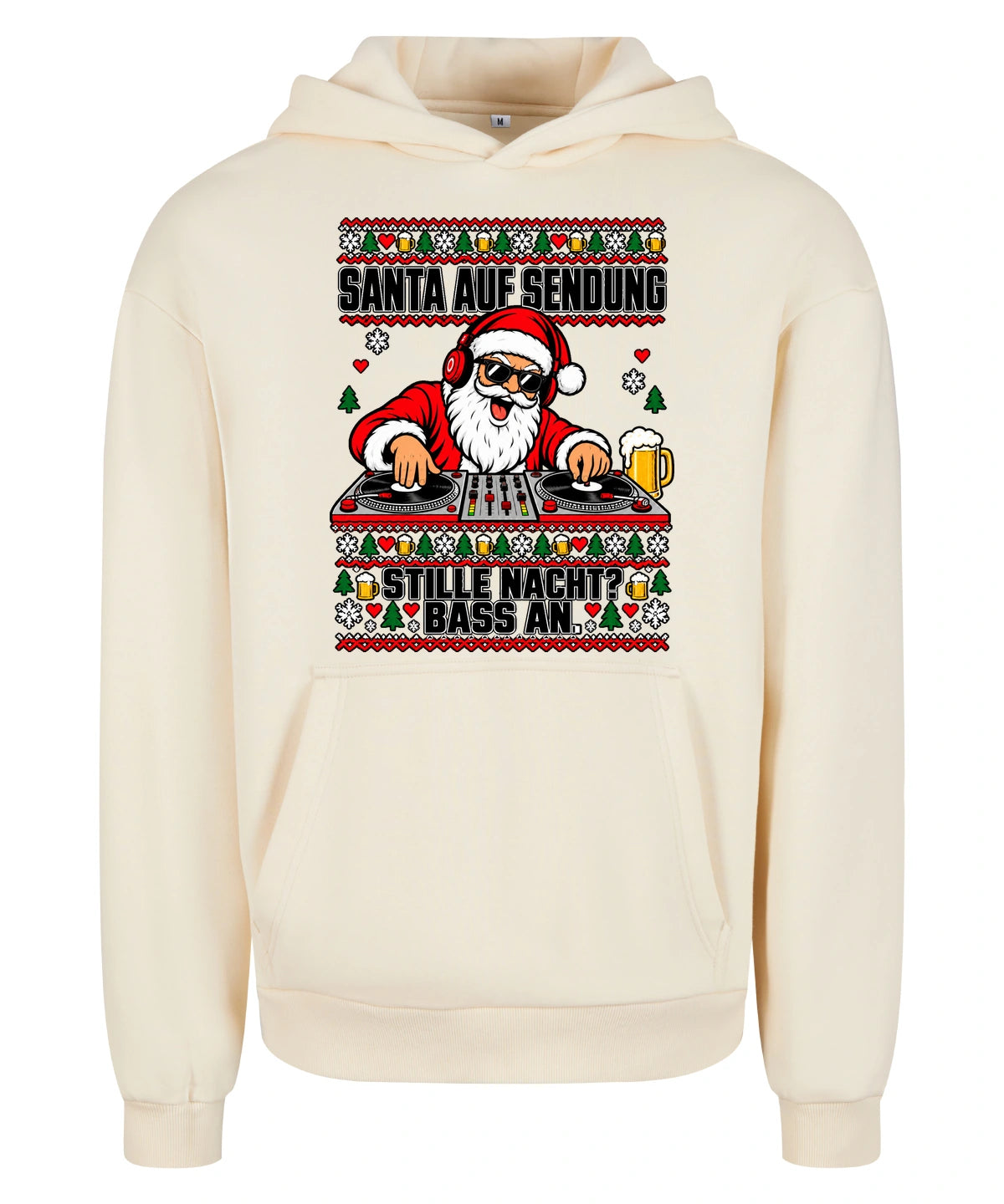 Santa auf Sendung – Christmas Hoodie Unisex in White Sand – Vorderansicht, großer Frontdruck