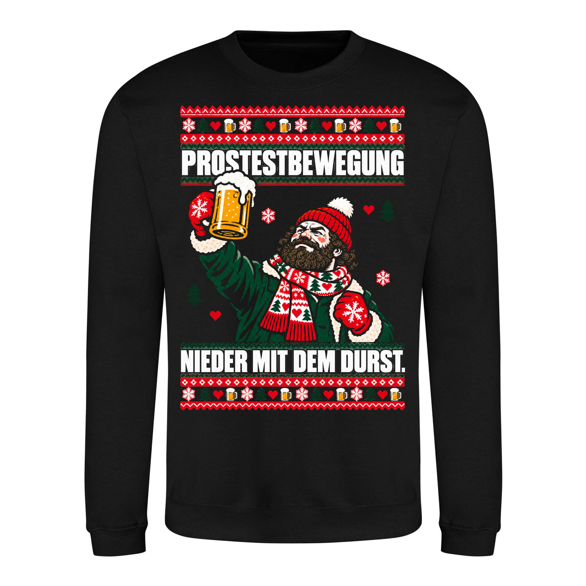 Prostestbewegung – Christmas Sweater Unisex in Deep Black – Vorderansicht, großer Frontdruck