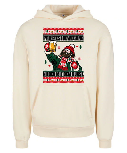 Prostestbewegung – Christmas Hoodie Unisex in White Sand – Vorderansicht, großer Frontdruck