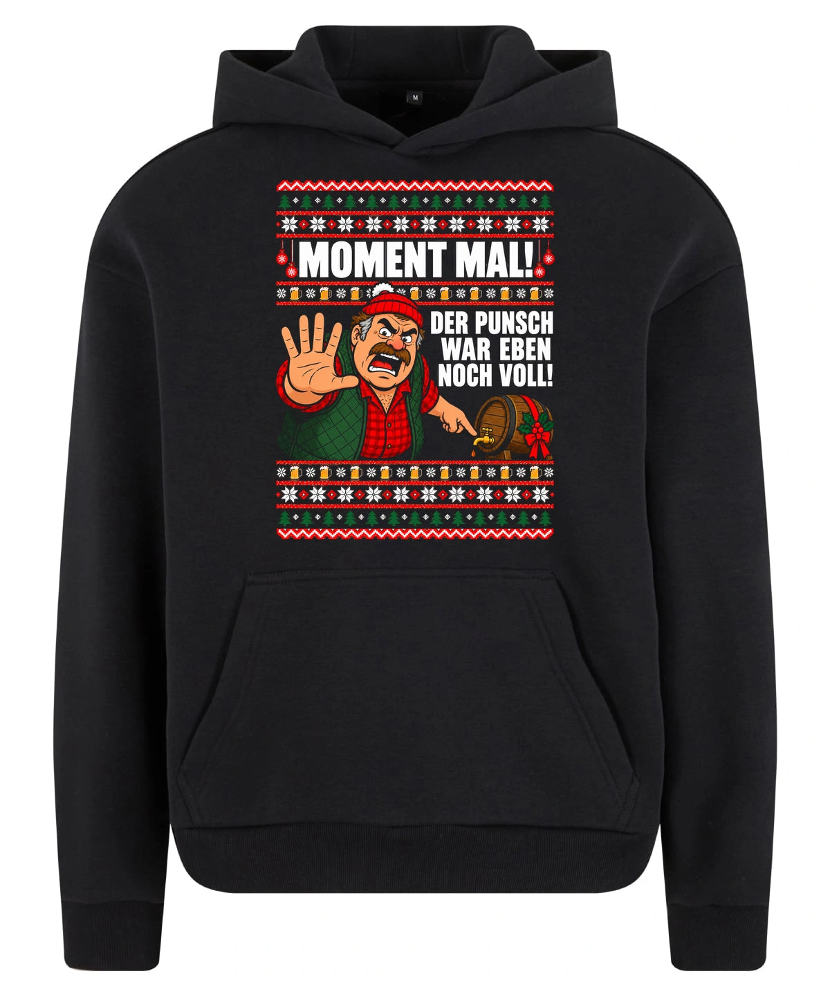 Moment mal! – Christmas Hoodie Unisex in Black – Vorderansicht, großer Frontdruck